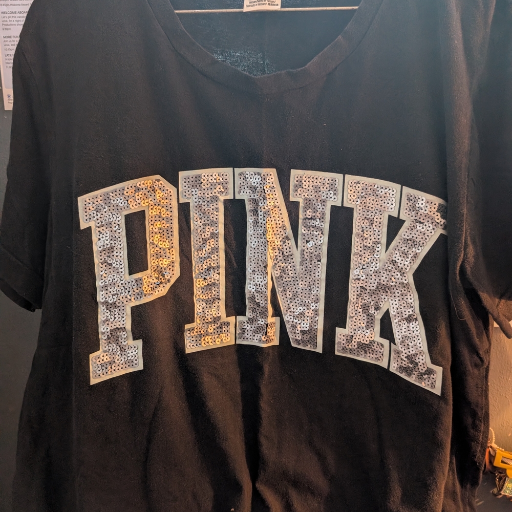 PINK Victoria's Secret Black Tee with Silver Sequin Logo